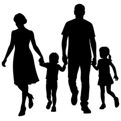 mother father and Childs walking silhouette vector art illustration