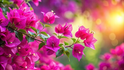 Fototapeta premium Magenta bougainvillea flowers as a background, floral background, leaves, creative banner, copyspace image, nature