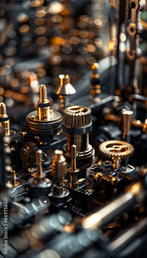 Poster detailed close-up of chainsaw engine assembly process in factory setting for industrial design