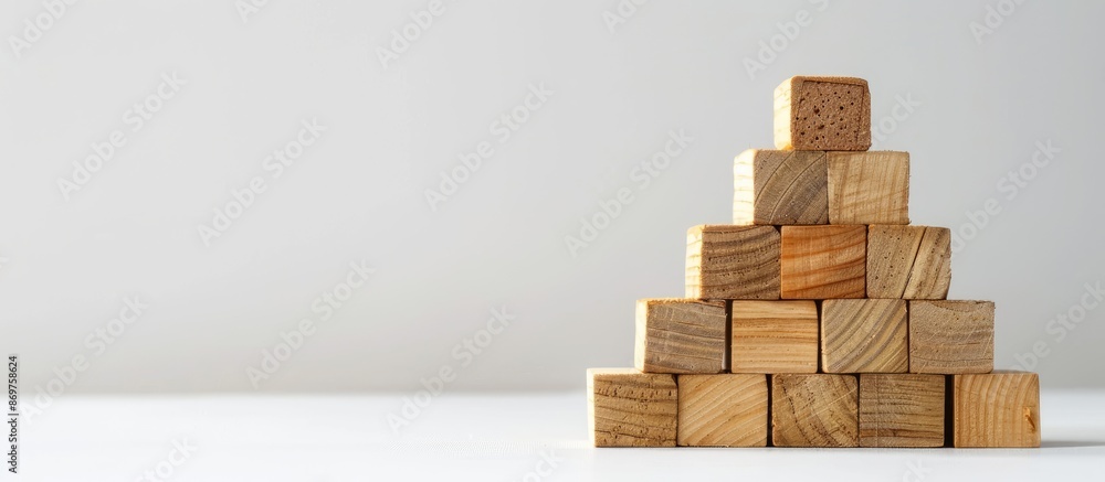 Poster Wooden cubes arranged in a pyramid shape for symbol creation, business growth, and management concept on a white background with copy space image.