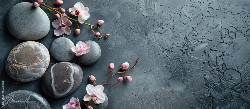 Poster An image representing a spa salon with symbolic objects for stone therapy procedures. It depicts a balance of rocks and flowers in a close-up top-view shot with a background and space for text.
