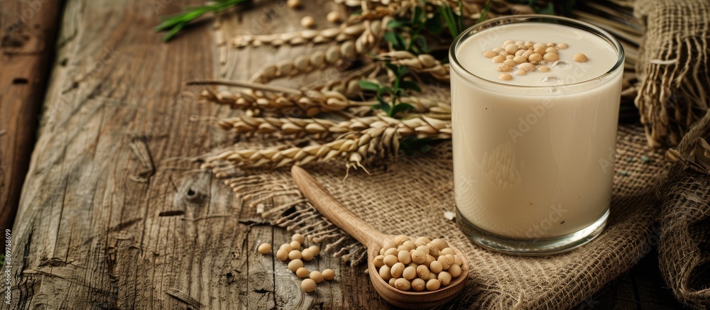 Poster Glass of soy milk with a spoonful of soybeans on a rustic sackcloth background, perfect for adding your text with copy space image.