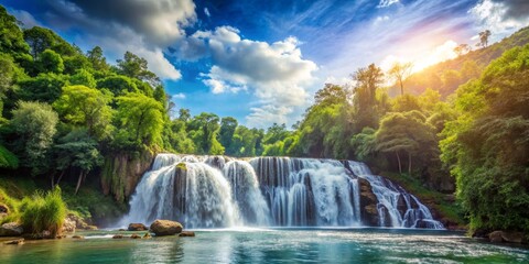 Obraz premium Majestic Waterfall in Lush Forest Landscape