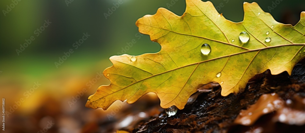Poster close-up image of an oak leaf with water droplets in an autumn forest setting, ideal for use as a ba