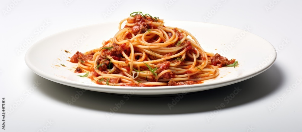 Poster Spaghetti dish highlighted against a white background with copy space image available.