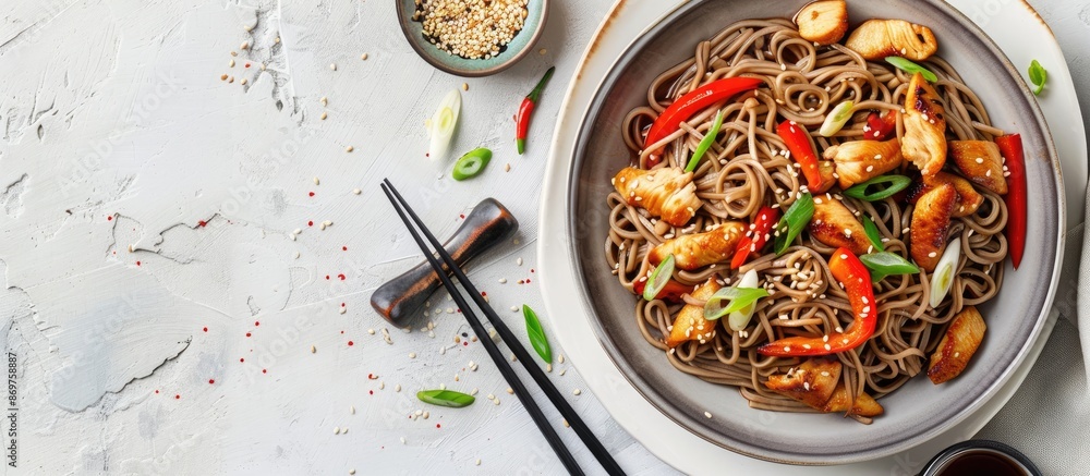 Poster a plate of chicken and vegetable soba noodles sits on a stand with soy sauce and sesame seeds, next 