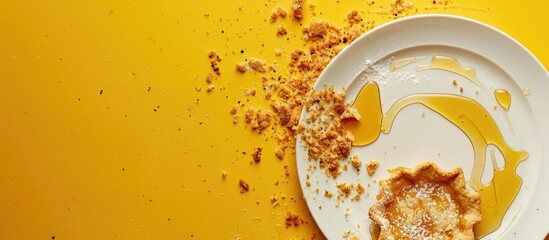 A dirty plate with honey and pie crumbs, set against a yellow backdrop, is shown in the copy space image.