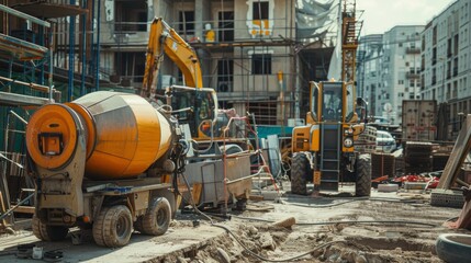 Construction Site with Concrete Mixer and Generator Providing Electricity for Heavy Equipment Operations