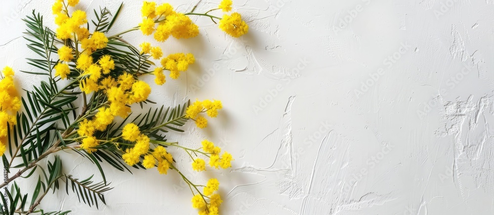 Aufkleber white surface featuring mimosa blooms, ideal for expressing a concept linked to spring, easter, or w