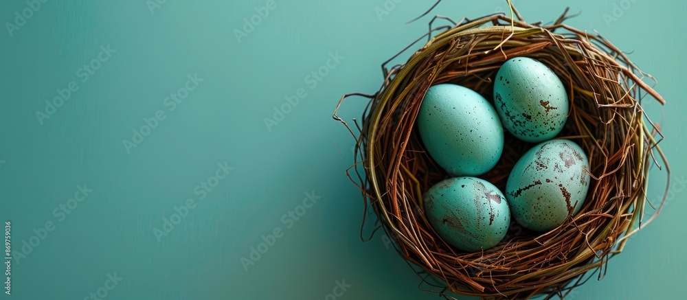 Poster Blue Easter eggs set in a nest on a pastel green backdrop provide ample copy space image.
