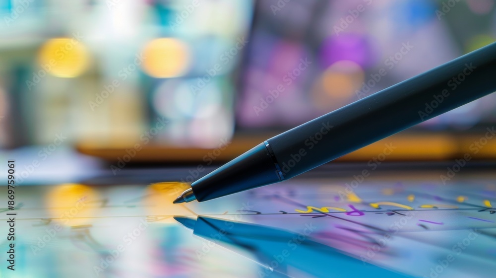 Poster an upclose look at a stylus pen hovering above a digital notebook screen showing the precise writing