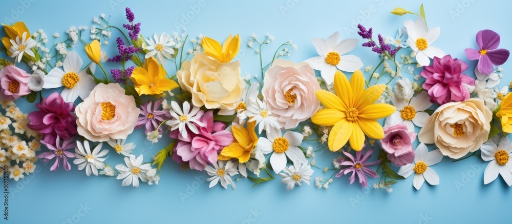 Aufkleber A floral arrangement with yellow and purple flowers set on a soft blue backdrop, symbolizing spring and Easter, presented as a flat lay with a top view and room for text or images