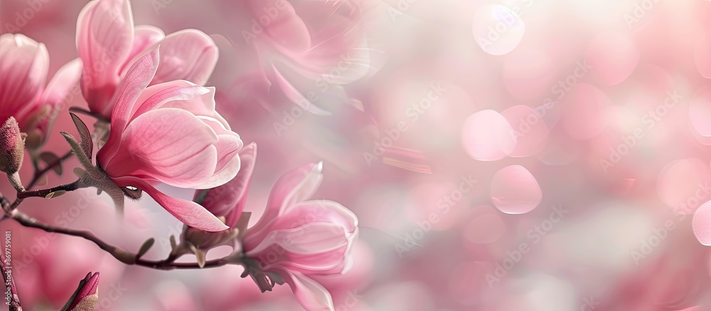 Poster Blurred background creating a soft focus around a magnolia with copy space image.