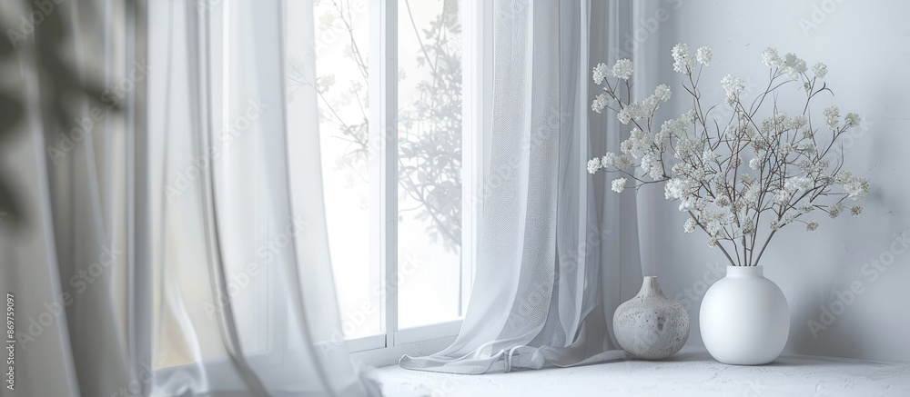 Aufkleber White oil curtain hangs in front of window with a grey curtain on the side, showcasing a delicate and serene setting with a copy space image.