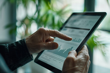 Close-up of a hand using a tablet to analyze data