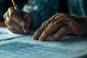 Elderly Hand Analyzing Financial Data.