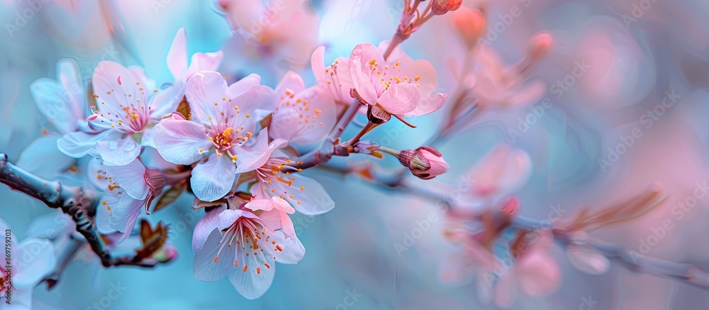 Poster close-up of almond blossom in early spring with a soft blue background to add a dreamy effect, ideal