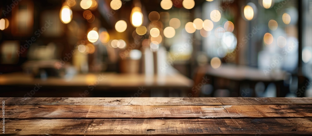 Poster focused on an empty brown wooden table in a coffee shop background with bokeh, ideal for showcasing 