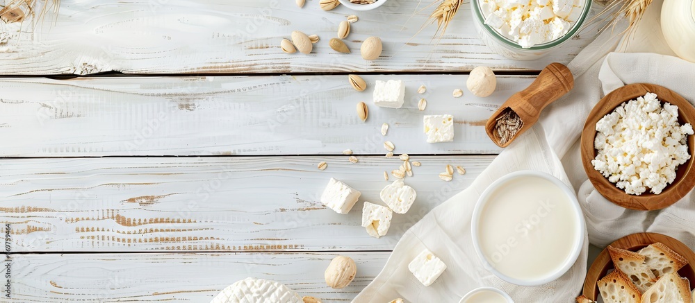Poster Dairy product samples displayed on a white wood table with copy space image available.