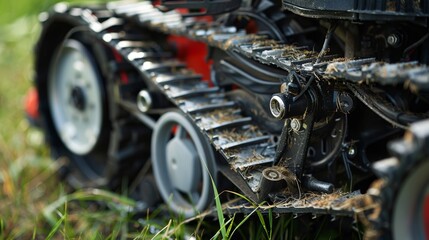 Obraz premium Close-Up of Lawnmower Drive Belt Adjustment for Tensioning Maintenance