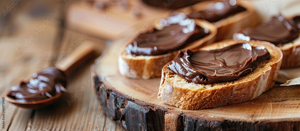 Poster ciabatta slices topped with chocolate spread on an olive wood board with a blurred background for a 