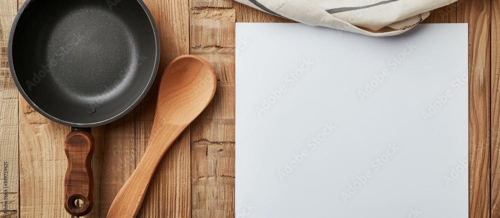Poster a wooden spoon and a frying pan are displayed on a wooden surface alongside a white sheet of paper w
