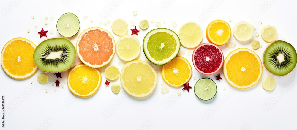 Poster a close-up image with exotic sliced pineapple, lime pieces, halved grapefruit, and passionfruit on a