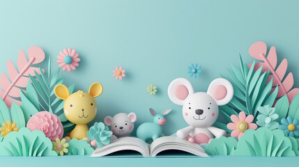 Cute cartoon animals and an open book on a pastel background, concept of children's stories and education, book lovers day © MarGa