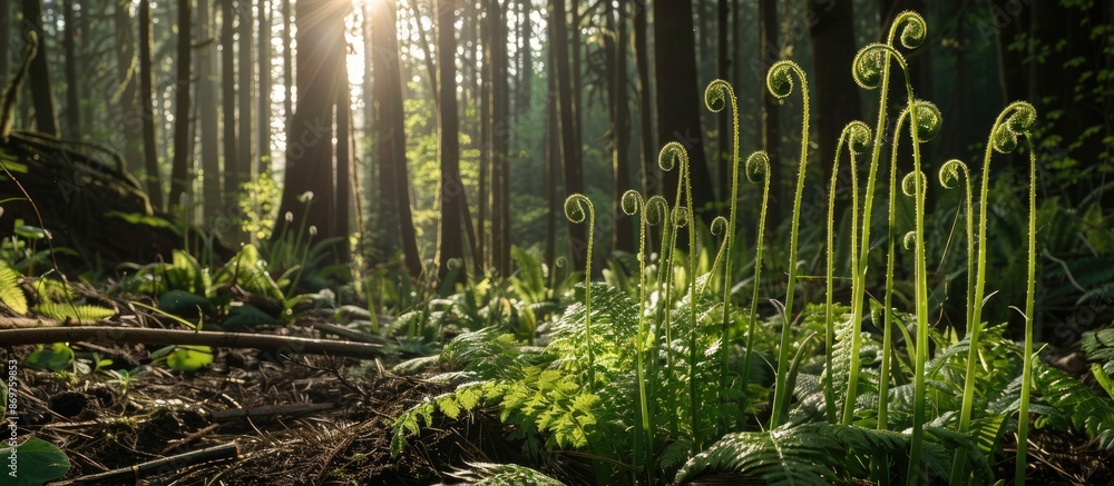 Poster Sword ferns native to the northwest in a sunlit forest area, showcasing fiddleheads ready to unfurl, creating a picturesque scene with copy space image.
