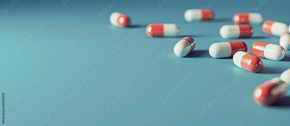 Aufkleber Isolated medicine pills on a blue backdrop create a healthcare concept with a design element. Featuring selective focus, the image includes copy space.
