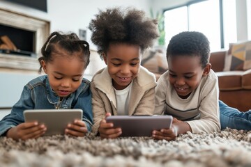 Fototapeta premium Children play on a tablet while sitting on the floor in the living room