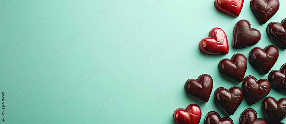 Poster valentine's-themed red and chocolate brown hearts set against a mint background create a decorative 