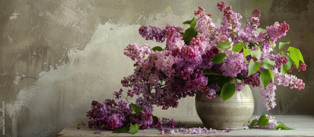 Poster a large vase holds a massive bouquet of lilacs on a light gray background in a still life setting wi