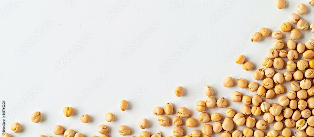 Aufkleber top view of uncooked yellow peas arranged along a border on a white background, providing ample copy