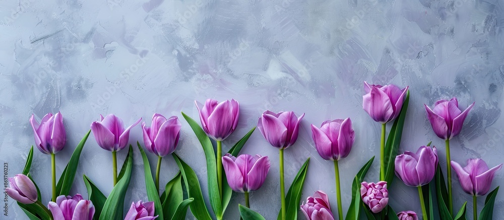 Aufkleber vibrant purple tulips against a grey backdrop in a flatlay arrangement with empty space for text or 