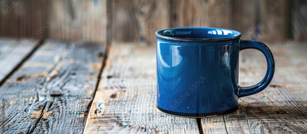 Poster A blue coffee mug is placed on a rustic wooden table, offering a front view with ample copy space in the image.