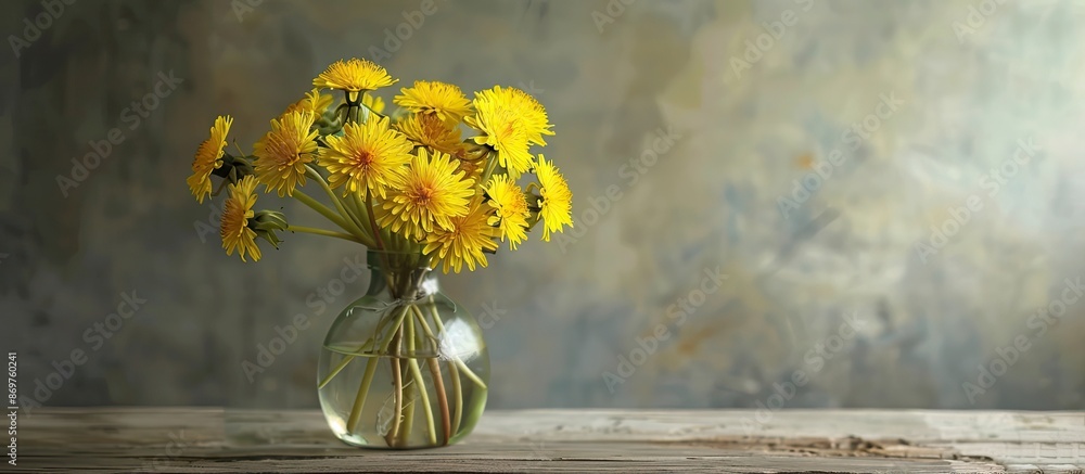 Poster a banner displays vibrant yellow dandelions in a vase on a wooden table against a grey textured back