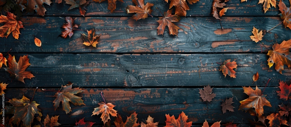 Poster horizontal frame featuring autumn maple leaves on a wooden surface with copy space image.