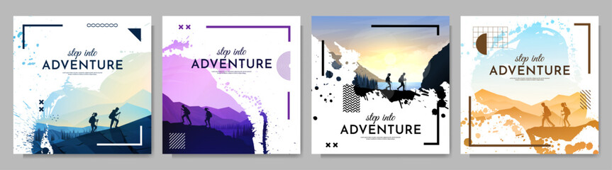 Vector illustration. Travel concept of discovering, exploring and observing nature. Climbing. Adventure tourism. Boy and girl couple on a hiking trip. Paint splash overlay with geometric elements