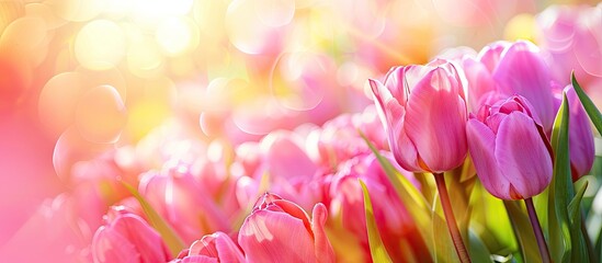 Obraz premium A music festival theme featuring vibrant pink tulips in the background, providing a charming copy space image.