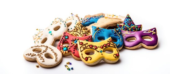 Obraz premium Purim celebration with Jewish holiday concept featuring traditional cookies and carnival mask on a white background with a copy space image.
