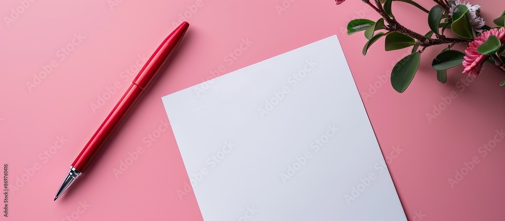 Poster a blank sheet for drawing or writing, beside a red pen, displayed on a pink background with copy spa