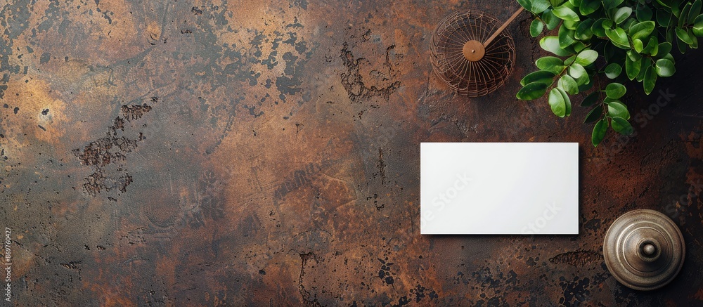 Aufkleber top view of a modern business card mockup on a granite surface next to a fan on a brown grunge backg