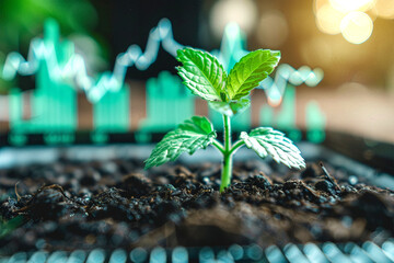 Green plant growing in soil with digital data graph in background, symbolizing eco-friendly investment and sustainable growth.