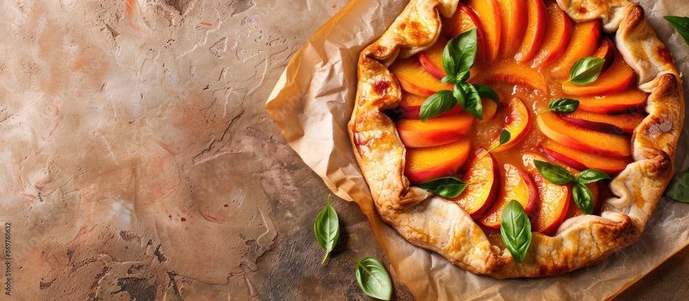 Poster light background with a raw peach galette on parchment, providing ample copy space image.