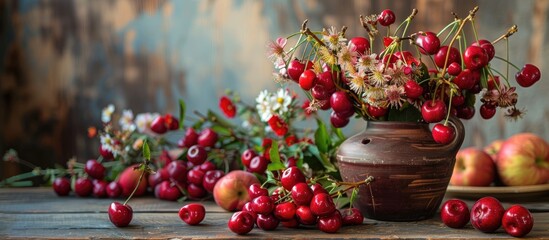 Rustic still life featuring cherry harvest and wildflower bouquet with copy space image.