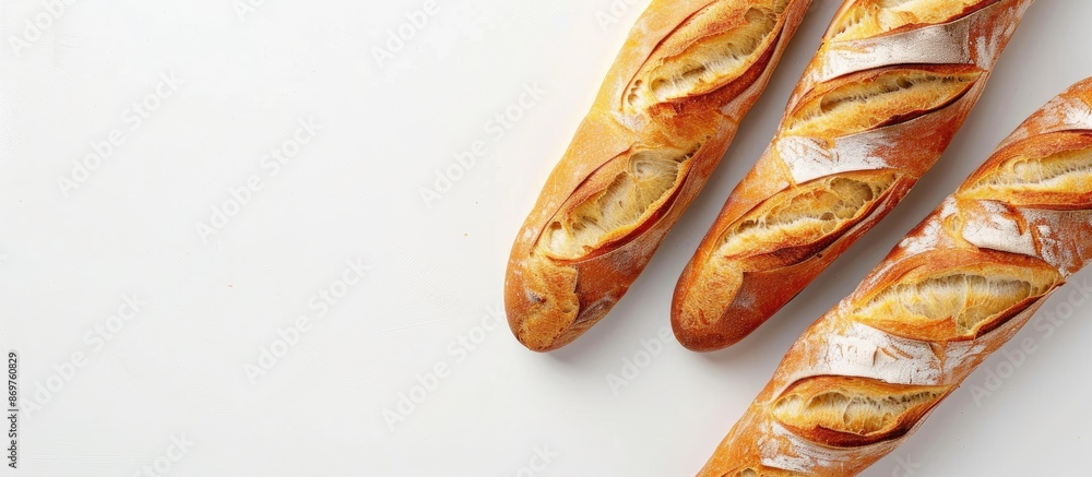 Poster Fresh baguette displayed in a studio setting with a clean white background, suitable for use as a copy space image.