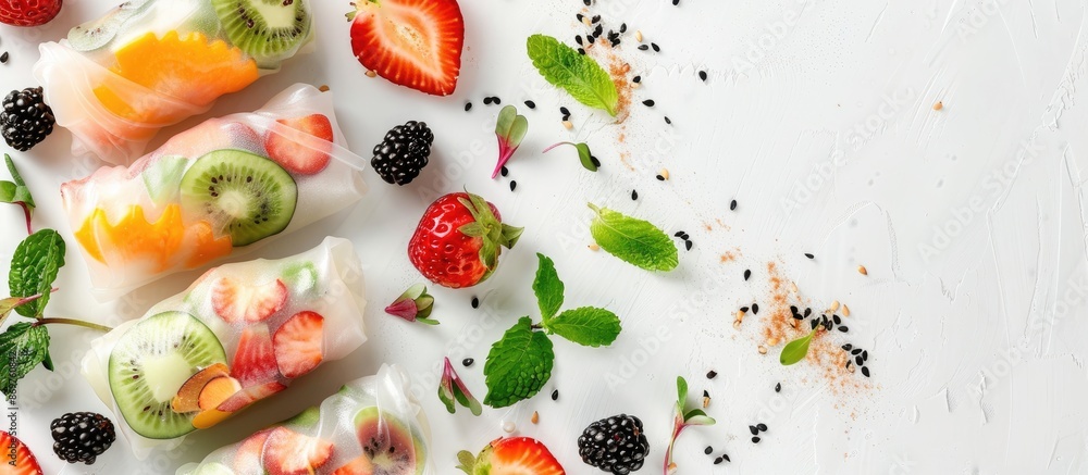 Poster Fruit spring rolls displayed on a white backdrop with copy space image available.