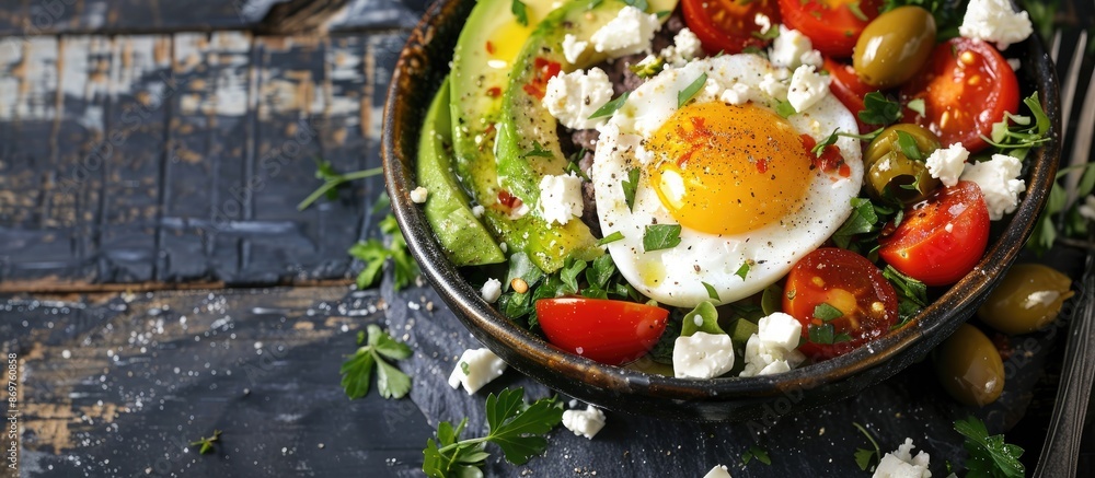 Poster A nourishing keto paleo breakfast with a boiled egg, cherry tomato salsa, avocado, feta cheese, and olives on a dark wooden surface for a copy space image.