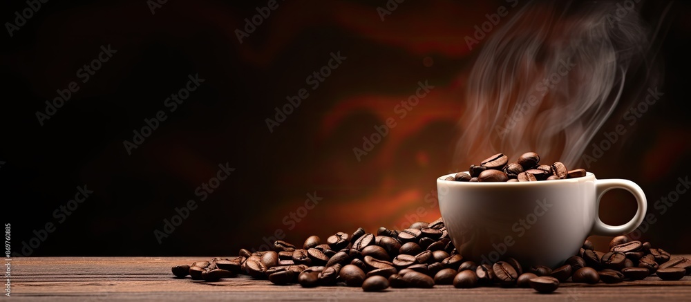 Aufkleber top view of a coffee cup filled with dark roasted beans on a background perfect for adding text or i